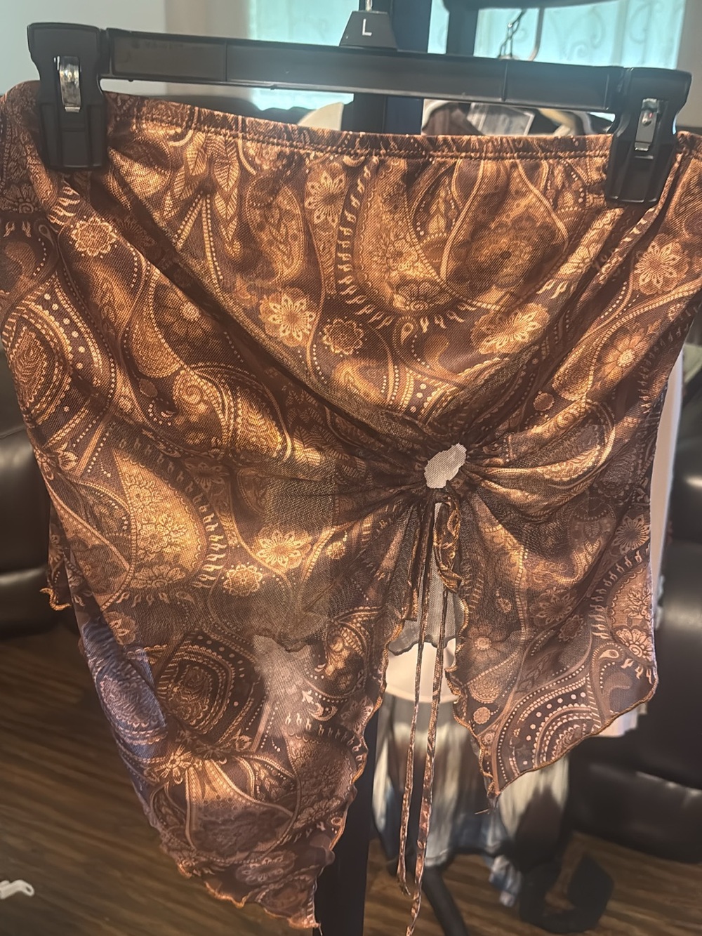 Ruched Brown Paisley Crop Top with Tie Front